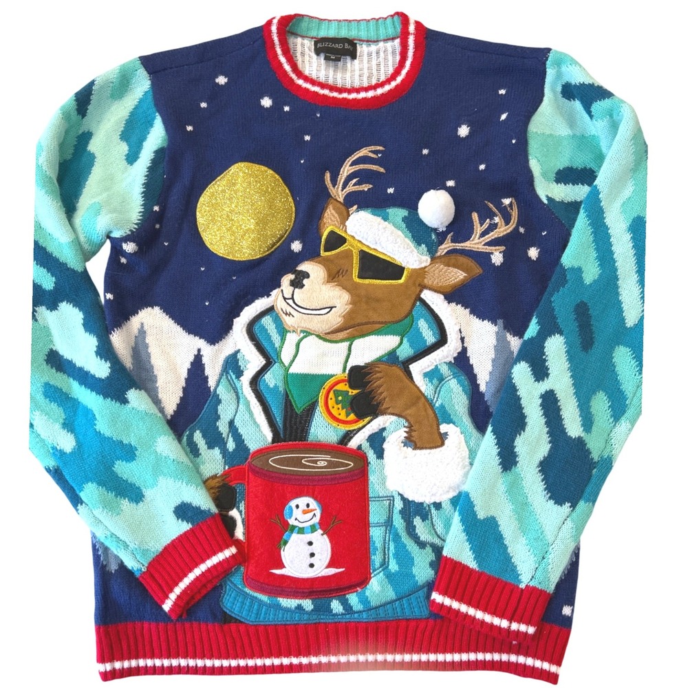 Blizzard Bay unisex‎ Ugly Christmas Sweater- Medium Reindeer Hot Cocoa